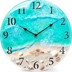 Coastal Nautical Glass Wall Clock with Seashell Design and Aesthetic Beach Theme